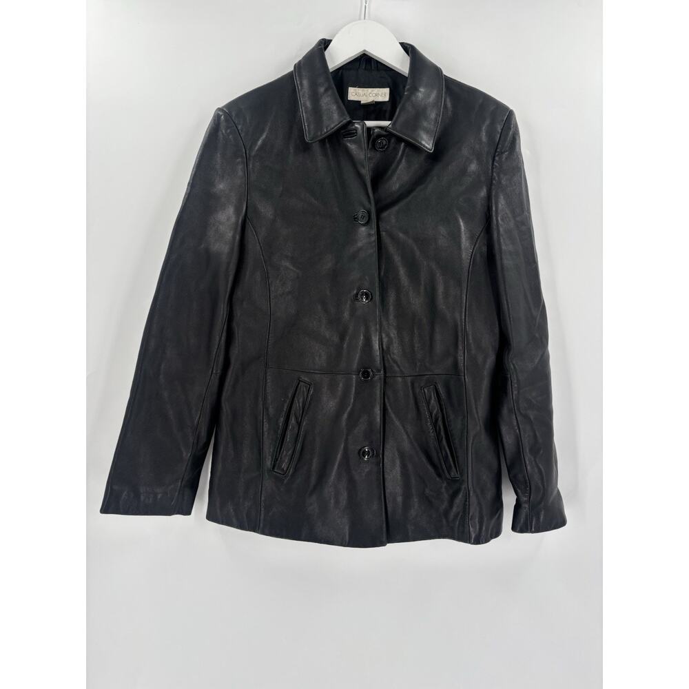 Casual Corner Vintage Leather Jacket Womens Medium Black Button Front Pocket 90s
